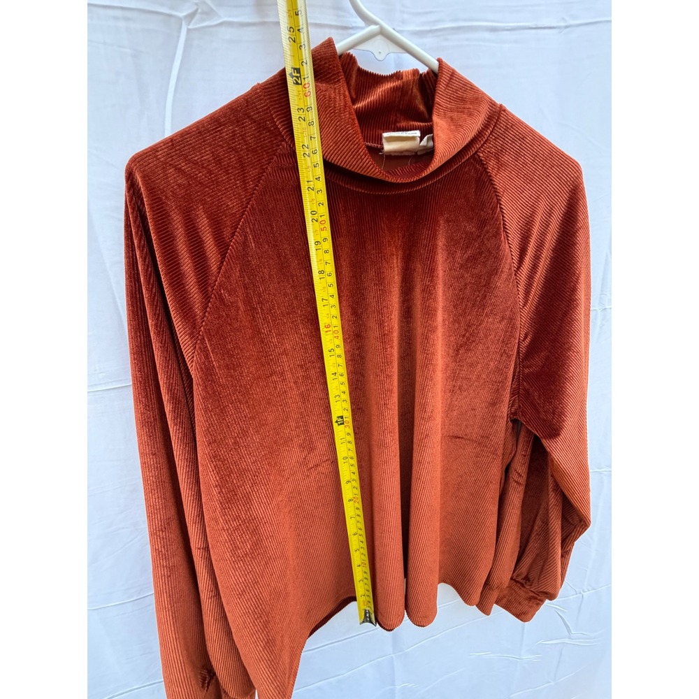 Unbranded Rust Orange Ribbed Velvet Mock Neck Puff Sleeve Top XL